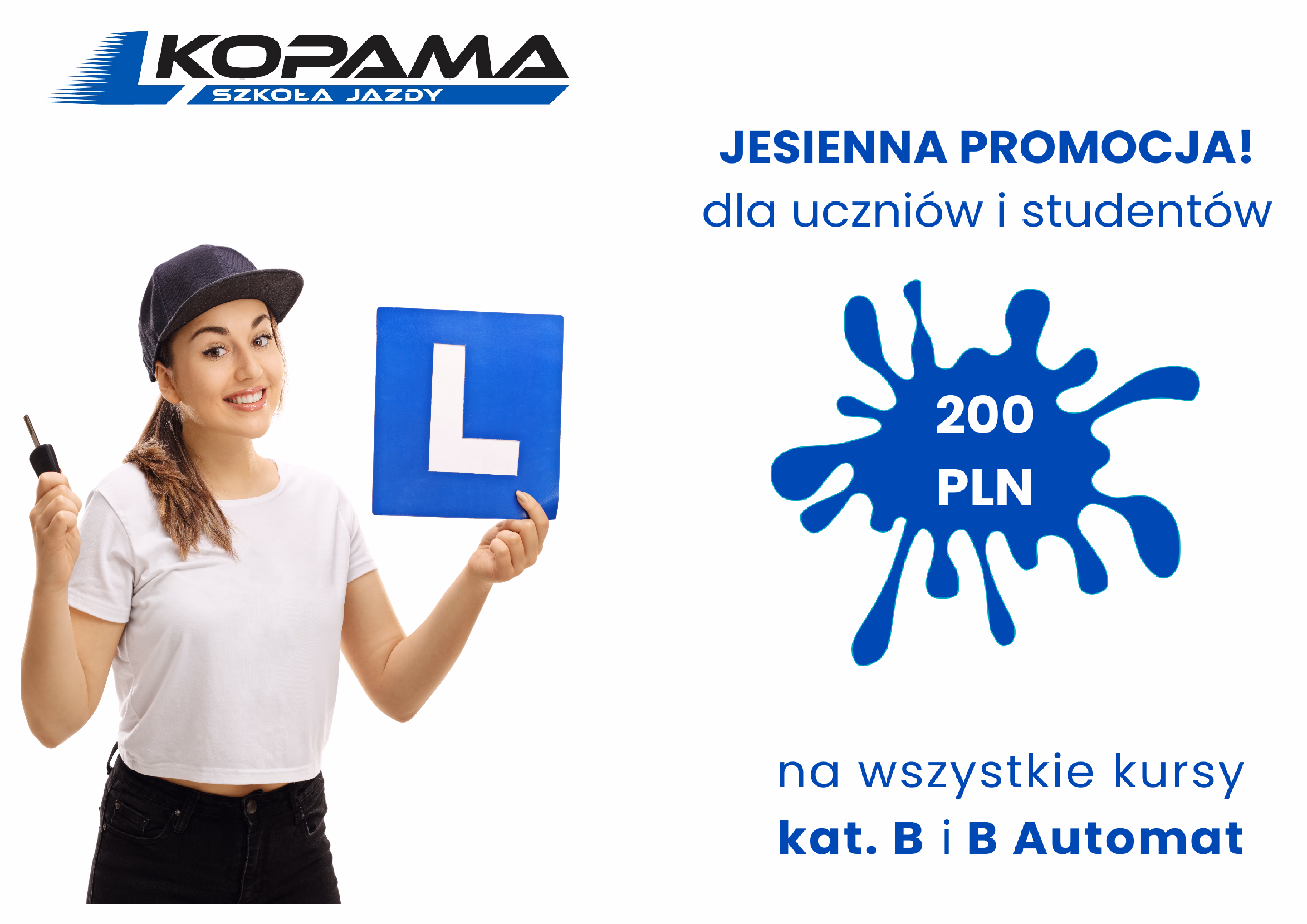 Plakat promocyjny jesiennej promocji kursu prawa jazdy kat. B OSK KopaMa WrocławPromocja na kurs prawa jazdy kat. B dla uczniów i studentów we Wrocławiu -  - optimized